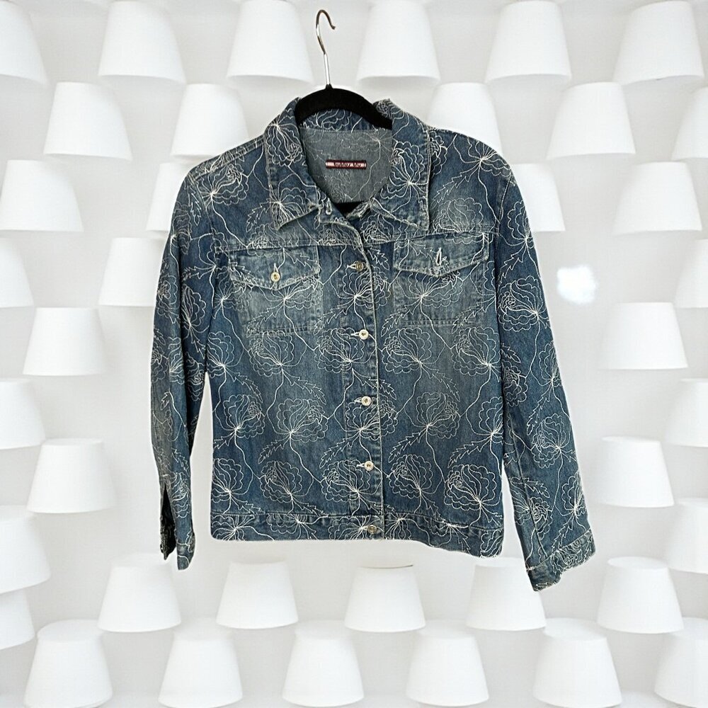 Byblos Blu Embroidered Cropped Denim Jean Jacket Size 8